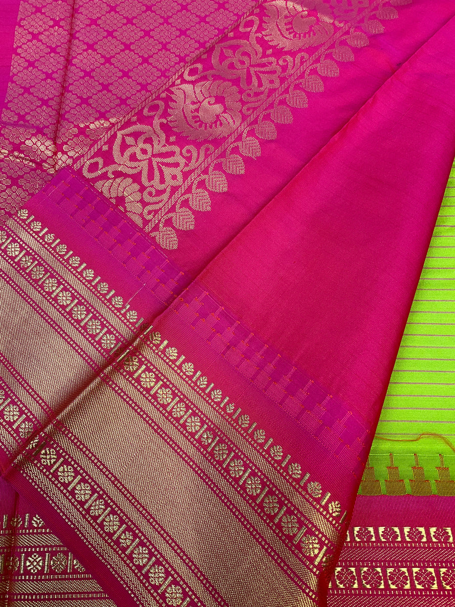 Parrot Green Checks Semi Gadwal Silk Saree