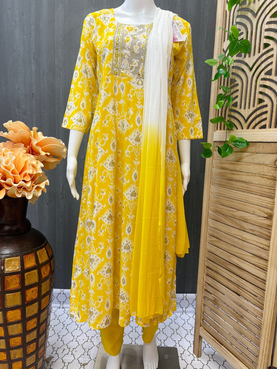 Restocked-Premium Quality Yellow Grey Rayon 3 Piece Kurti set image 0