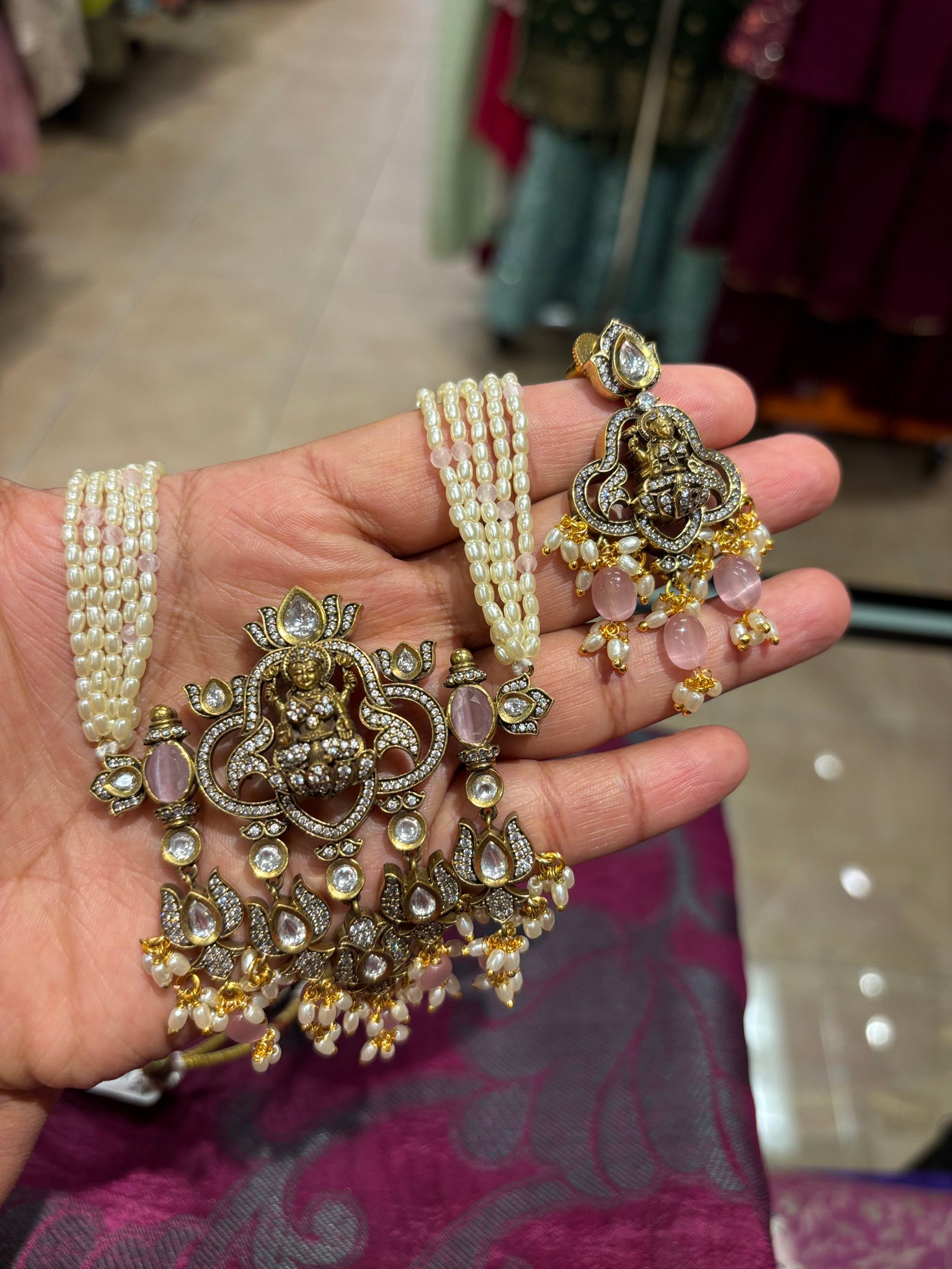 Pearl Long Necklace set with Goddess Lakshmi Pendant set image 6