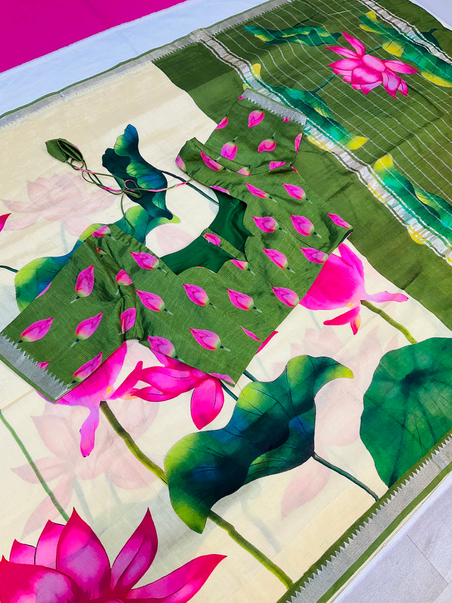 Mangalagiri Silk Digital Print Lotus Saree with stitched Blouse