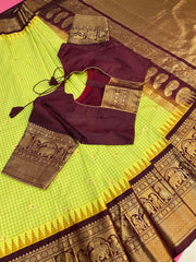 Semi Gadwal Green Checks Saree with Stitched Blouse