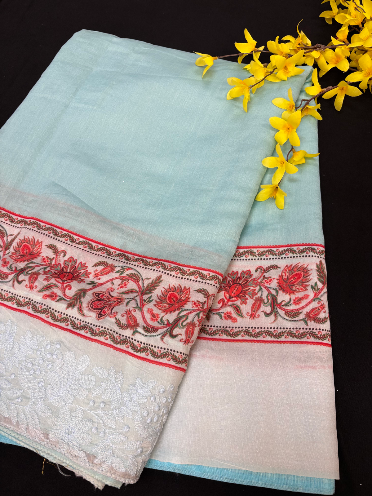 Blue Crape Silk Saree with Flower Design Border - Elegant Indian Silk