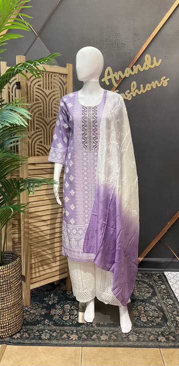 Lavender -Cotton Chikankari Kurti set