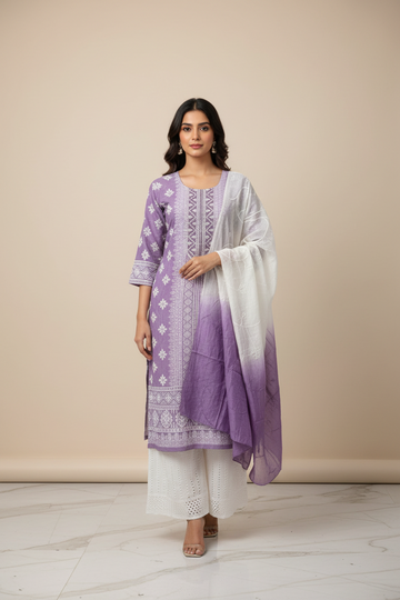 Lavender -Cotton Chikankari Kurti set
