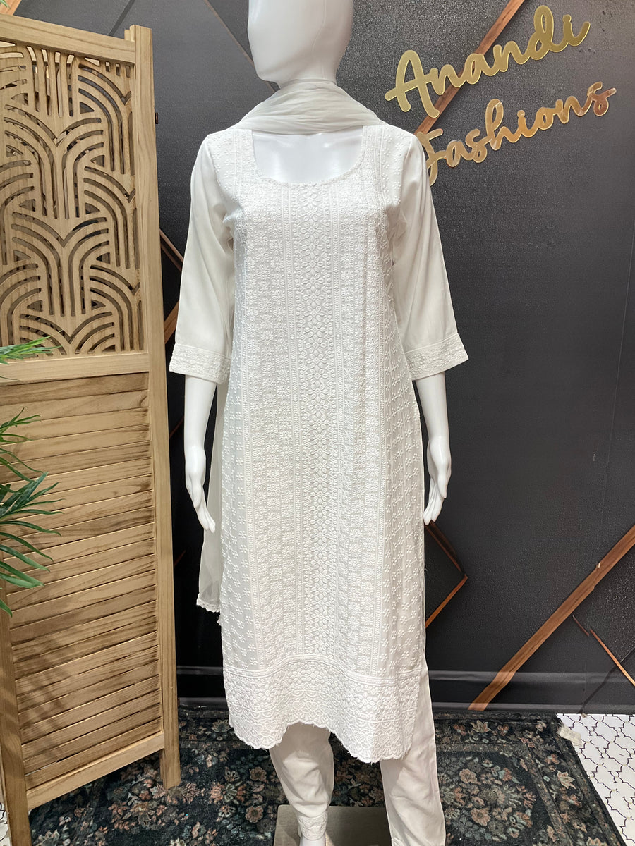 White Chikankari Rayon kurti set