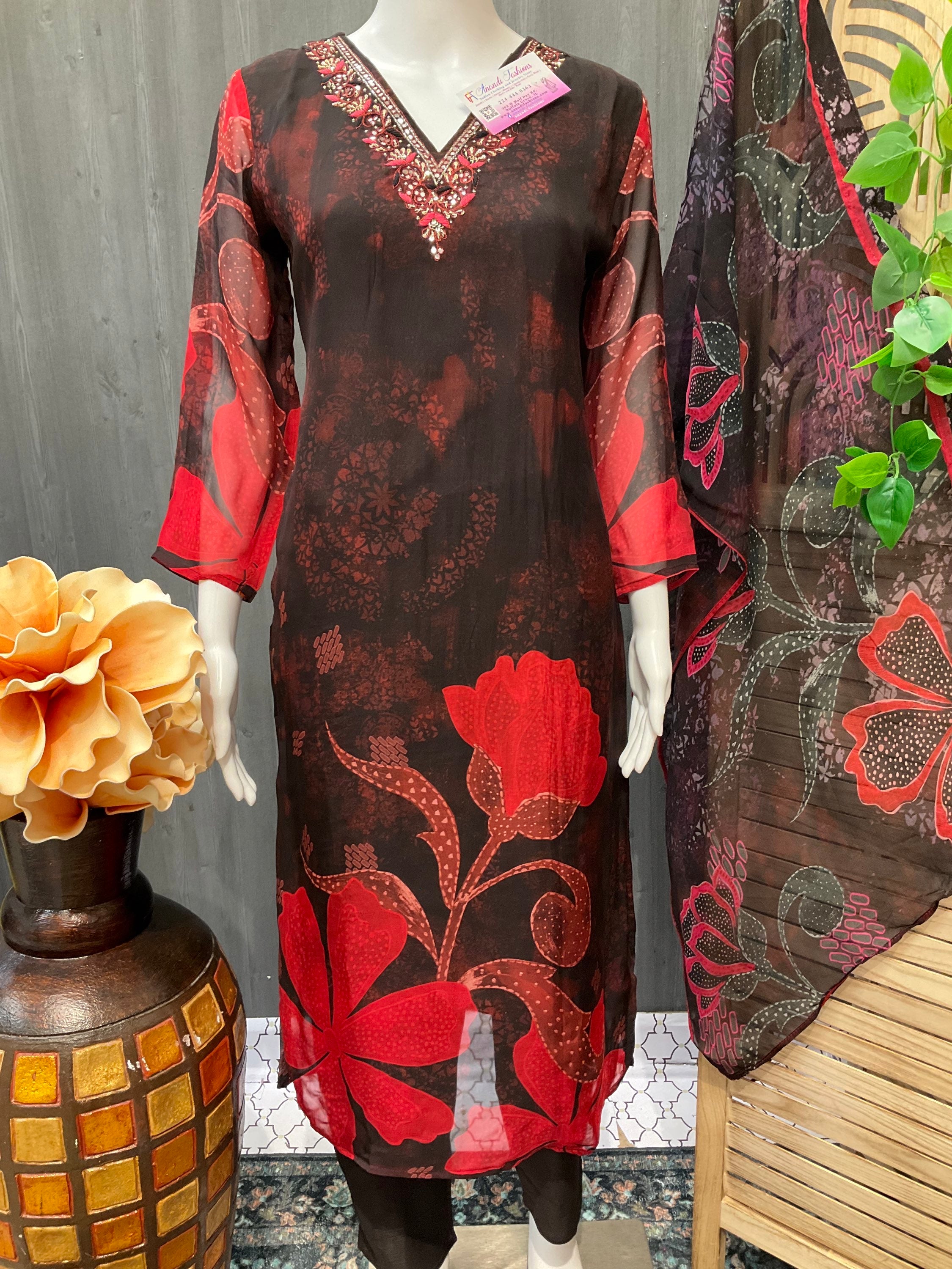 Black Organza floral print Chudidhar set image 2