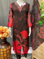 Black Organza floral print Chudidhar/Kurti set