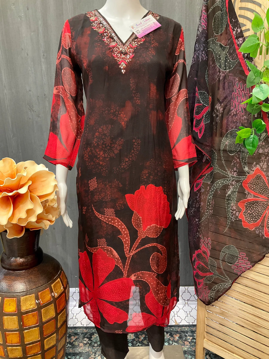 Black Organza floral print Chudidhar/Kurti set