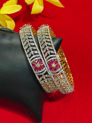 Size 2.6 Broad Bangle - Party Wear CZ Bangles Set with Flower Design (Pair)