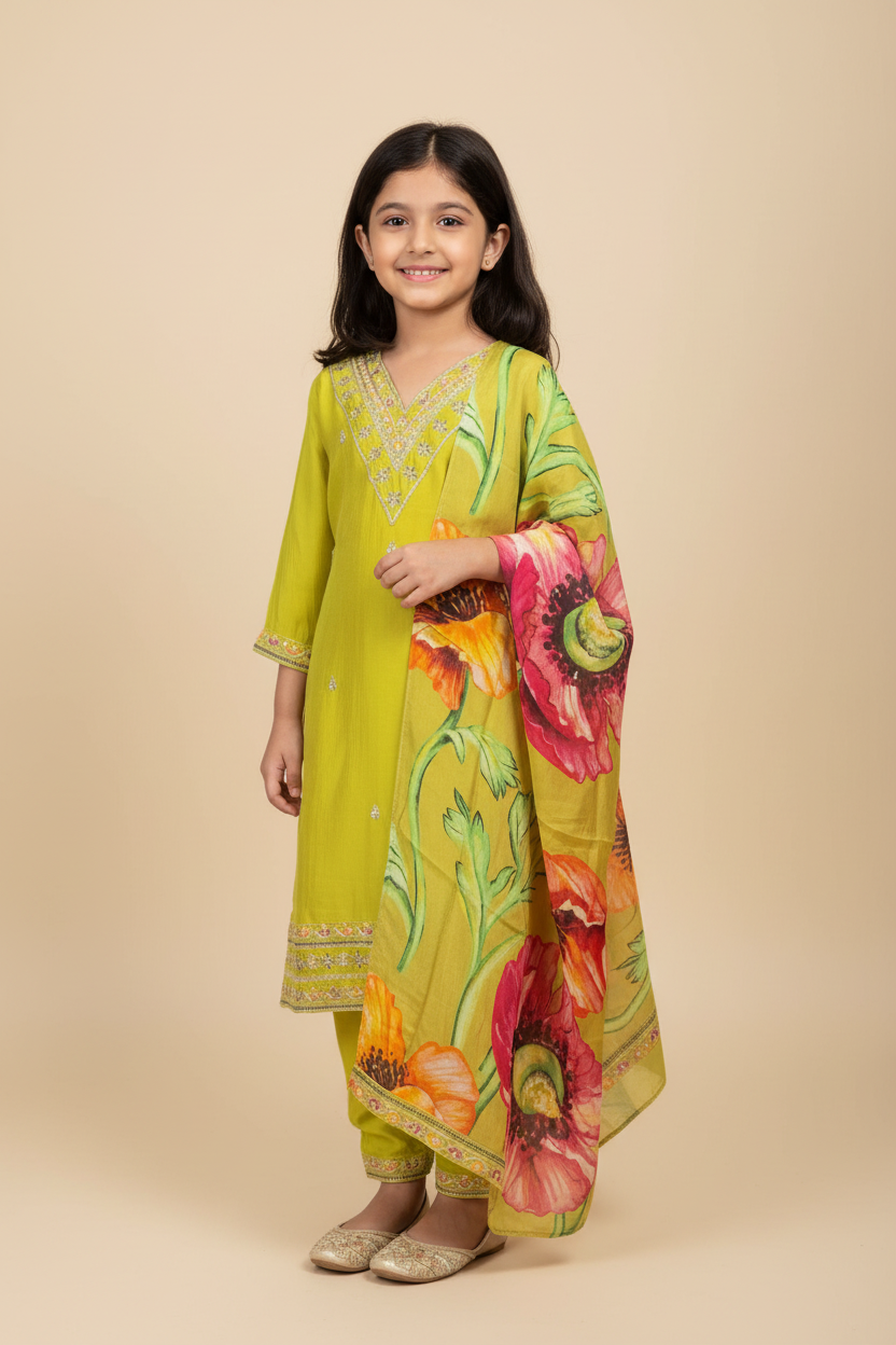Girls Churidar Set with Floral Print Dupatta