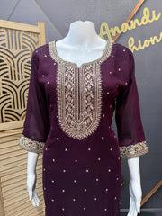 Wine Color Party Wear Kurti Set Size 38/40 - Vichitra Silk with Lavender Dupatta