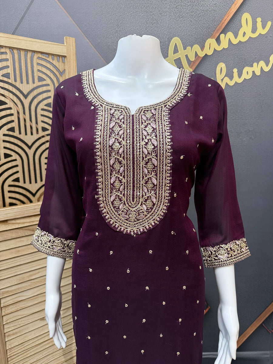 Wine Color Party Wear Kurti Set Size 38/40 - Vichitra Silk with Lavender Dupatta