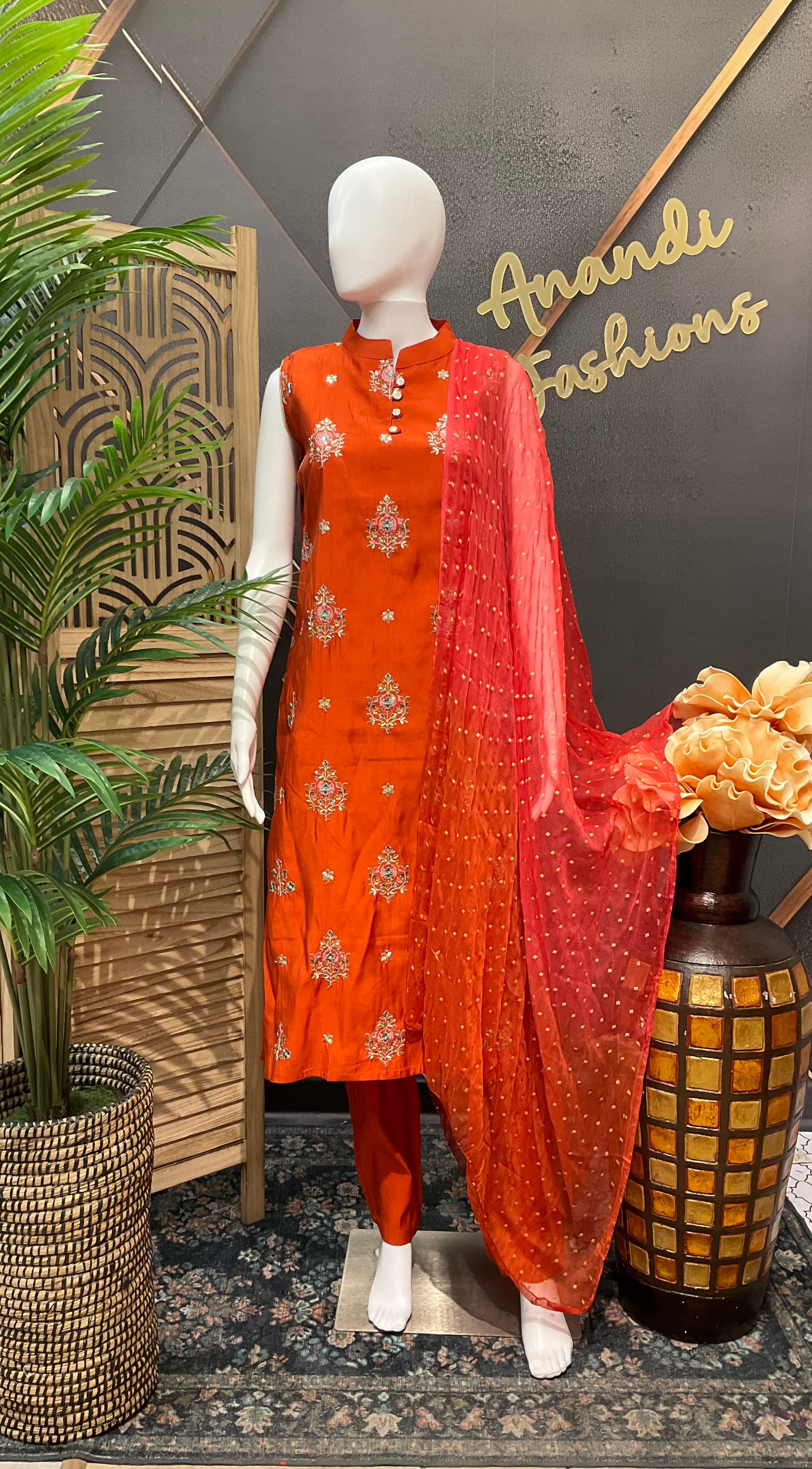 Orange - Sleeveless Silk Kurti set
