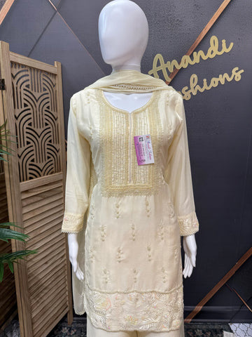 Cream Color Party Wear Palazzo Set - Embroidery Work