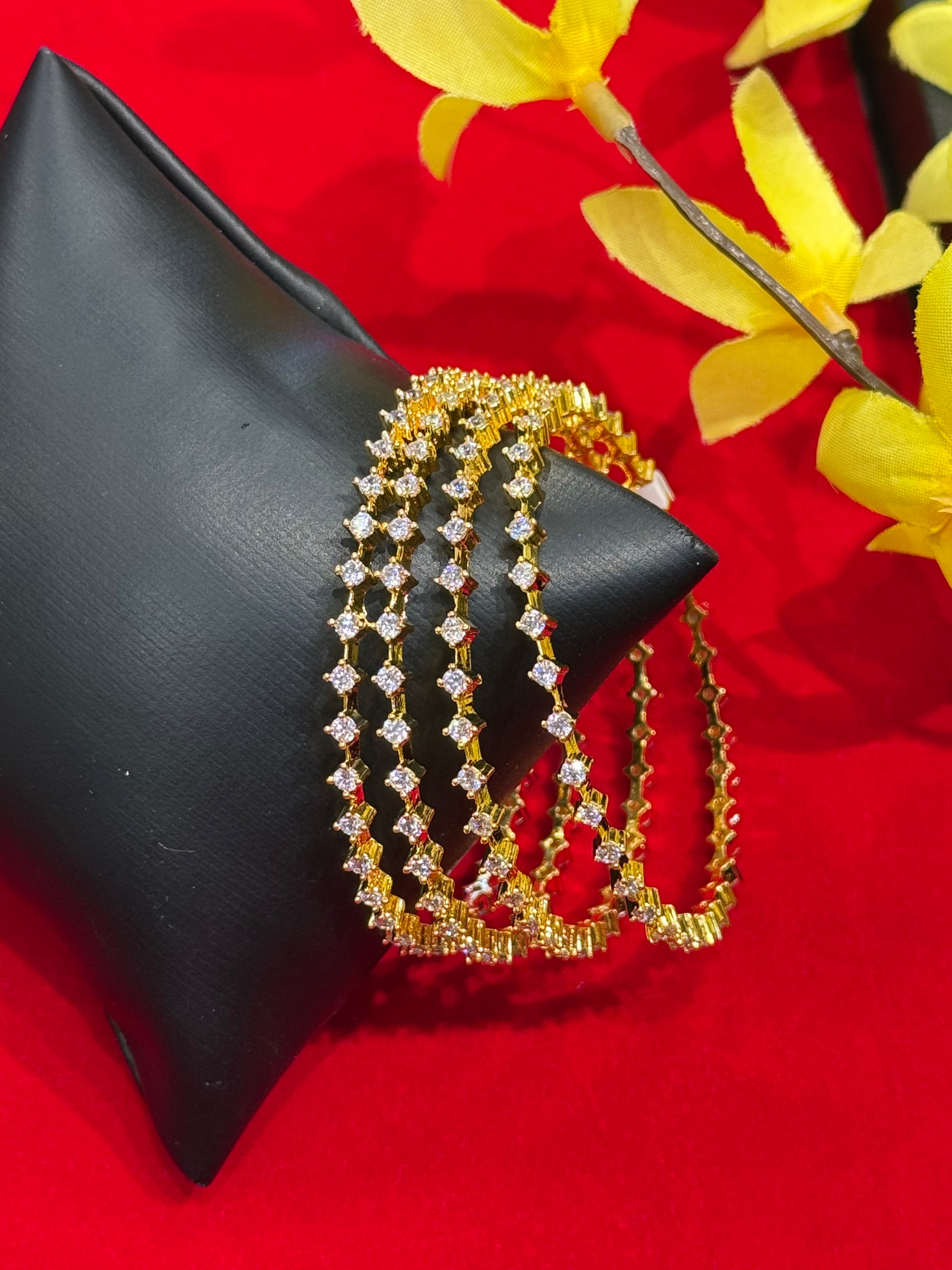 Gold Finish Thin AD Bangles- set of 4