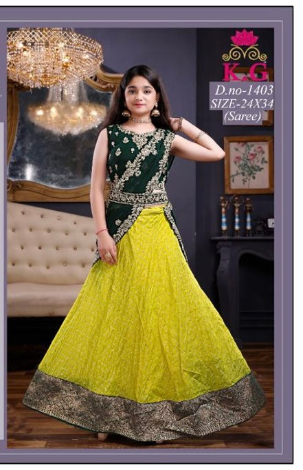 Lehenga for Girls - Yellow Green Girls/Kids Lehenga set/Half saree set image 0