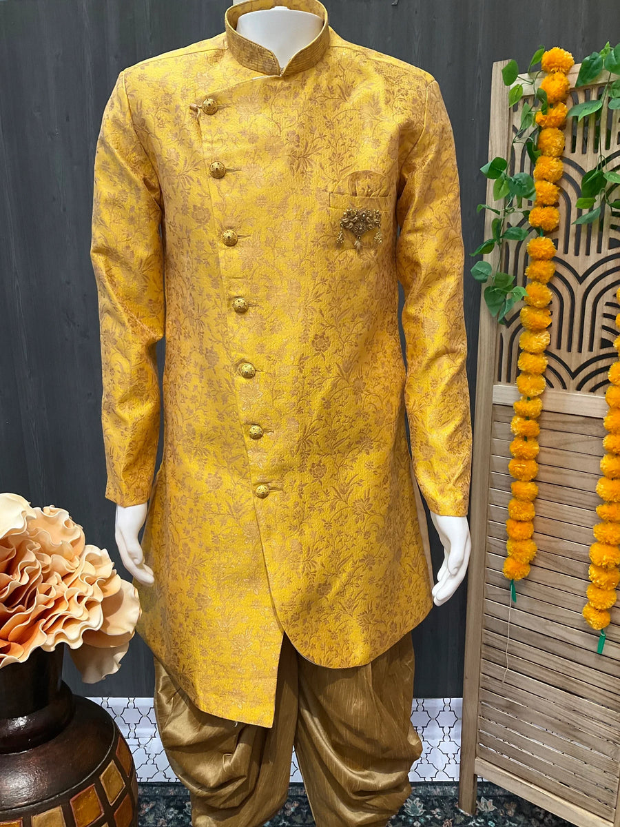 Indo Western Yellow Mens Sherwani with Dhoti Pants - Traditional Modern Blend