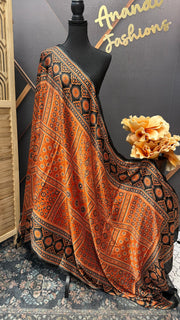 Ajrakh print Crape Silk Black Dupatta