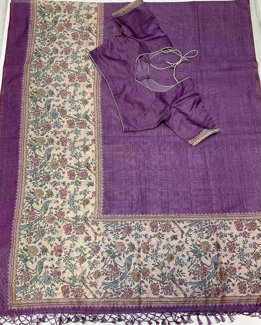 Light purple Cotton Silk saree with digital print-Stitched blouse