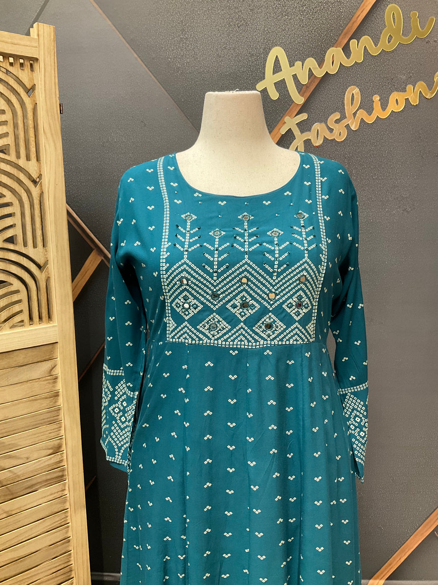 Women's Rama Green Plus Size Long Anarkali Kurti