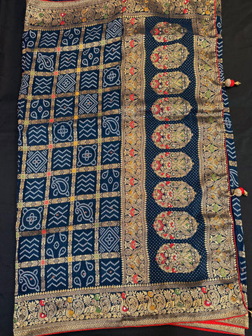 Premium Gharchola Bandhani Saree with Bead Embroidery - Contrast Blouse