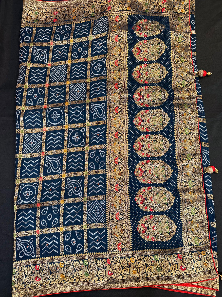 Premium Gharchola Bandhani Saree with Bead Embroidery - Contrast Blouse