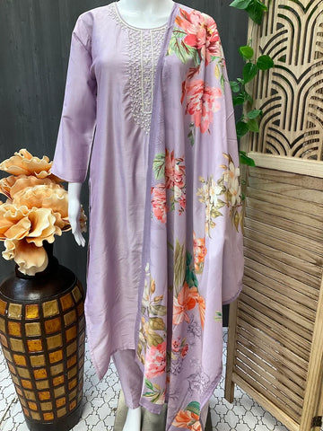 Lilac color Party Wear Chanderi silk Kurti set