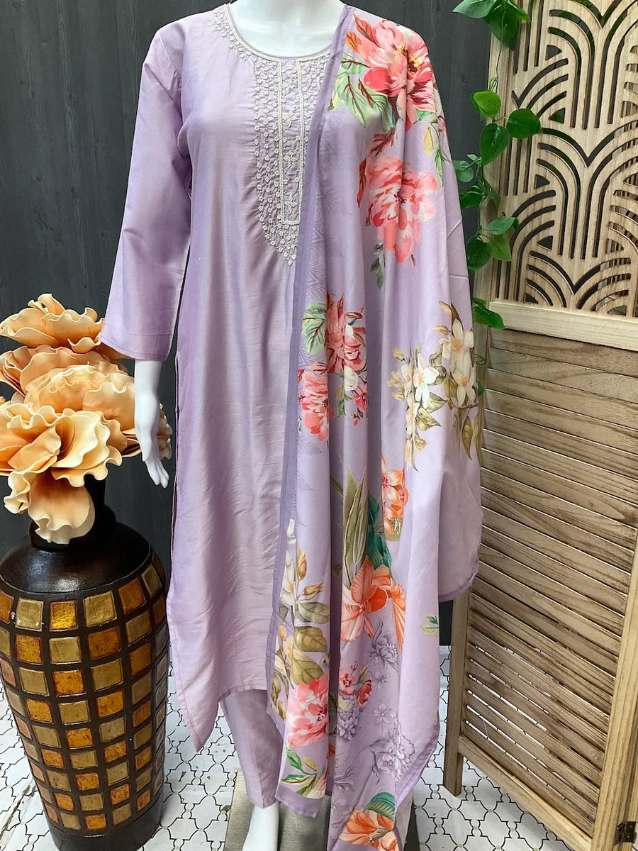 Lilac color Party Wear Chanderi silk Kurti set