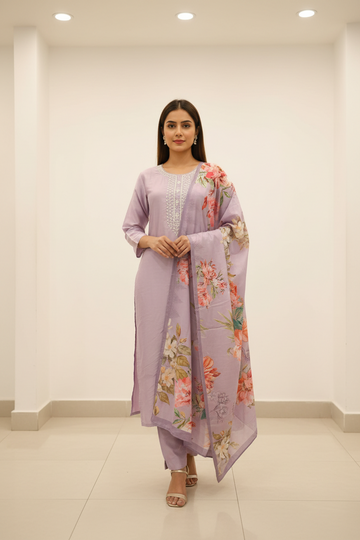 Lilac color Party Wear Chanderi silk Kurti set
