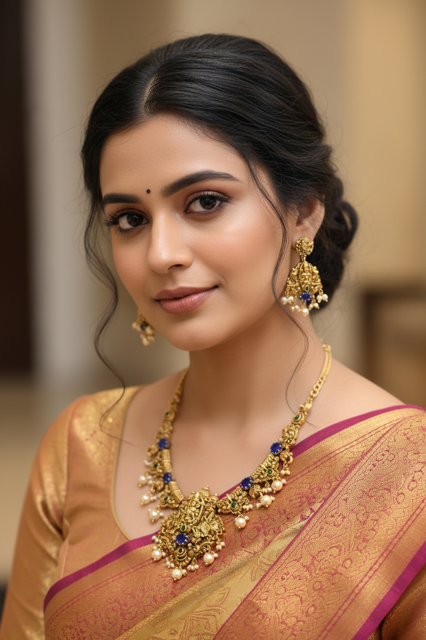 Close-up of a woman wearing traditional Indian saree in gold and maroon with intricate gold jewelry and earrings