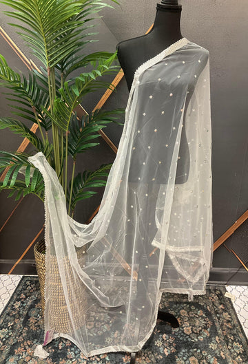 Silver Net Dupatta with Hangings
