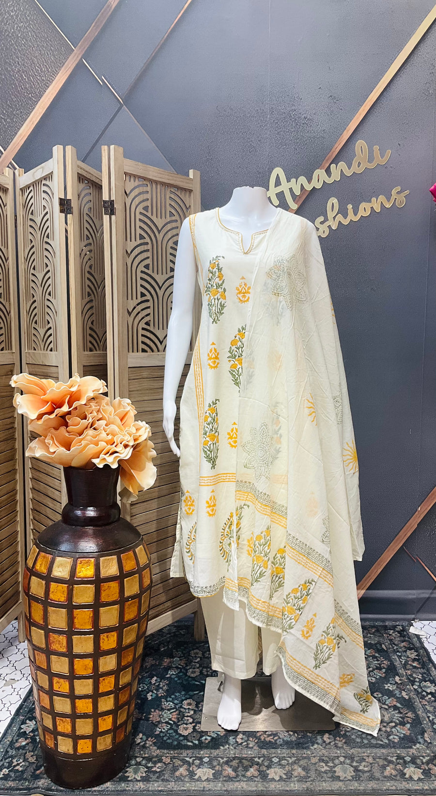 Cream color Pure Cotton Sleeves less Kurti set