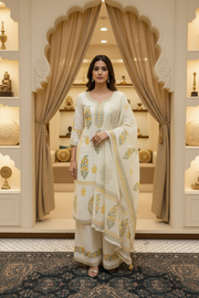 Cream color Pure Cotton Sleeves less Kurti set