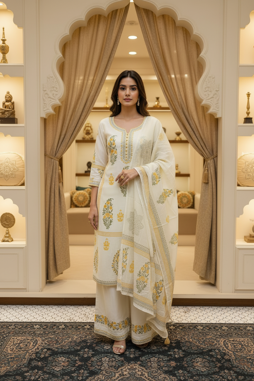 Cream color Pure Cotton Sleeves less Kurti set