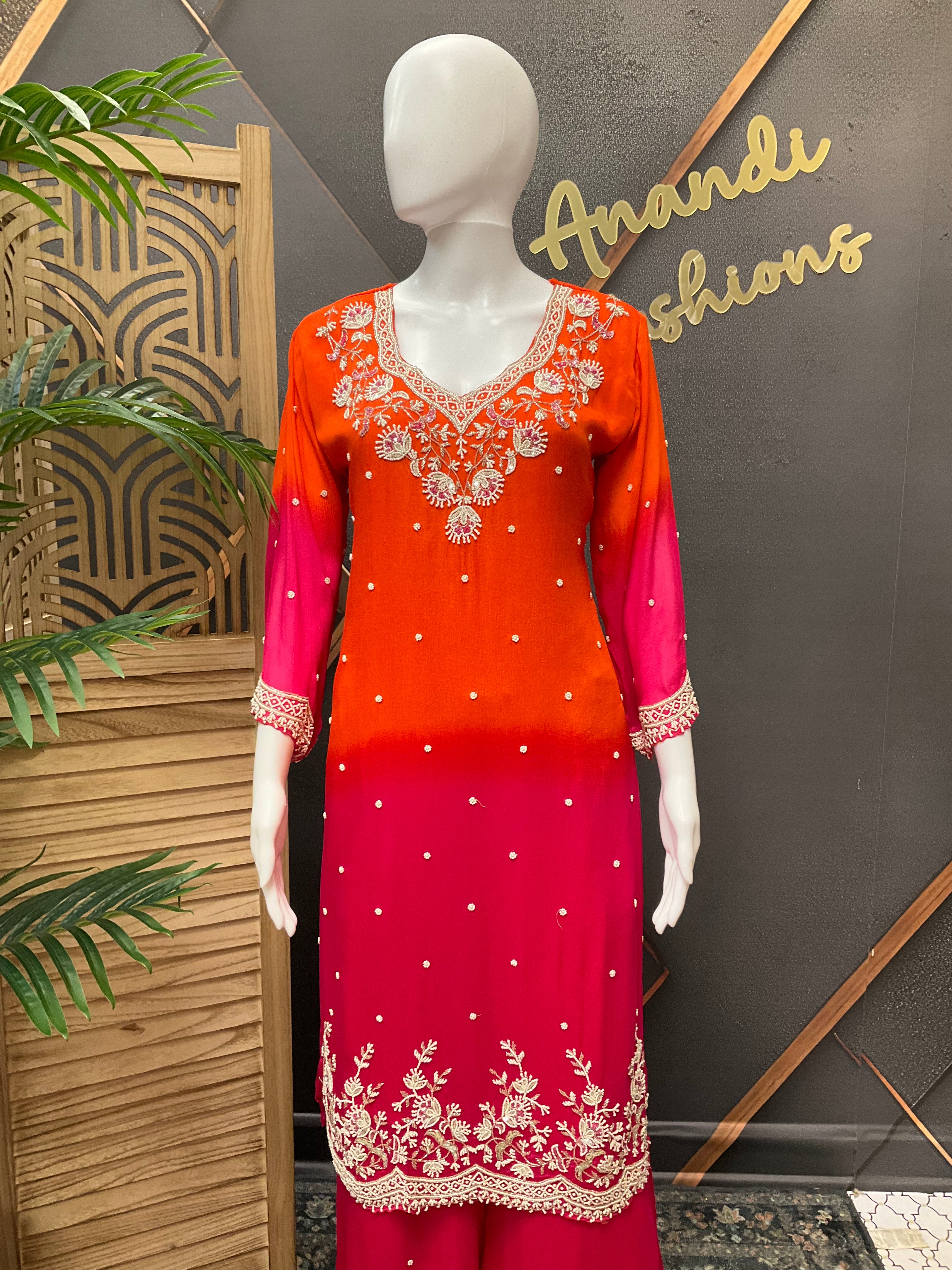 Designer Sharara set - Orange & Pink