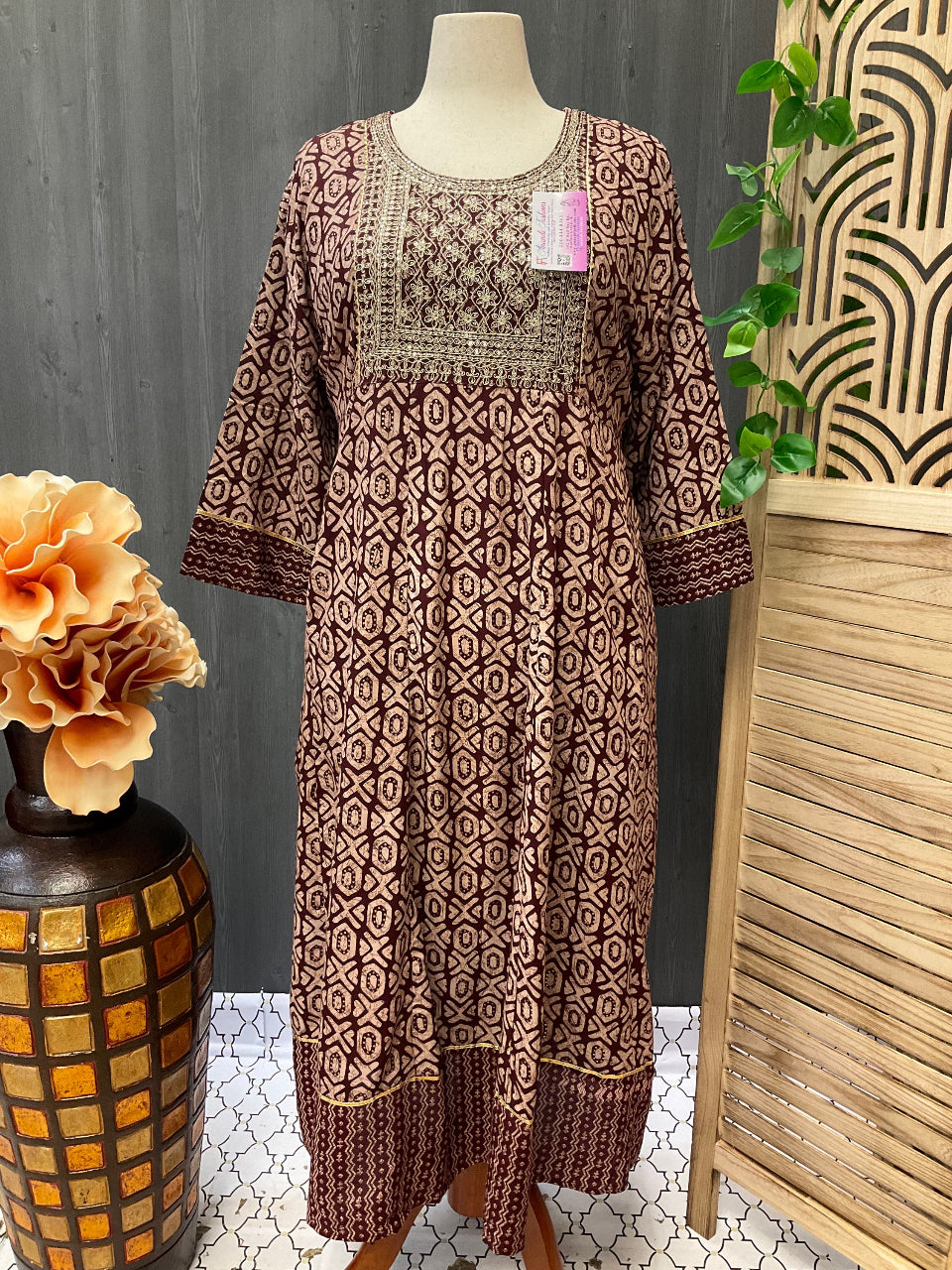 Plus Size-Anarkali long Rayon Kurti Top in Ajrakh print image 0