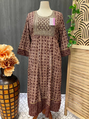 Plus Size Ajrakh Print Anarkali Long Kurti - Rayon Ethnic Wear