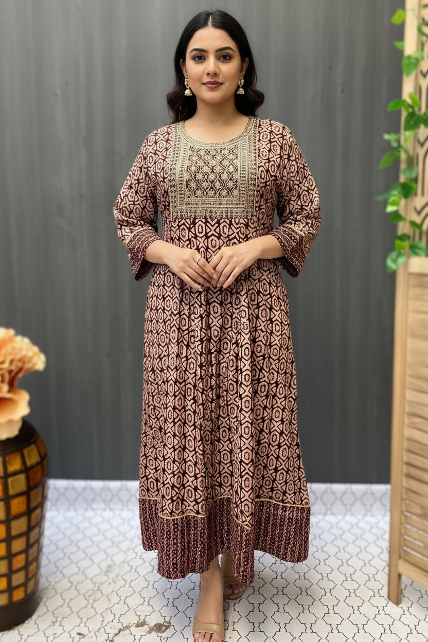 Plus Size Ajrakh Print Anarkali Long Kurti - Rayon Ethnic Wear