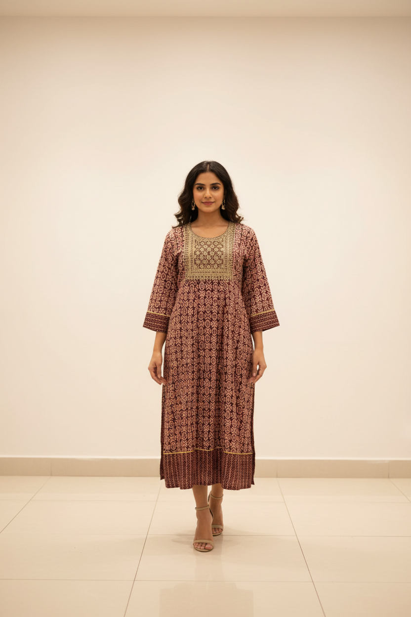 Plus Size Ajrakh Print Anarkali Long Kurti - Rayon Ethnic Wear