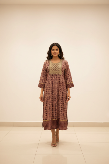 Plus Size Ajrakh Print Anarkali Long Kurti - Rayon Ethnic Wear
