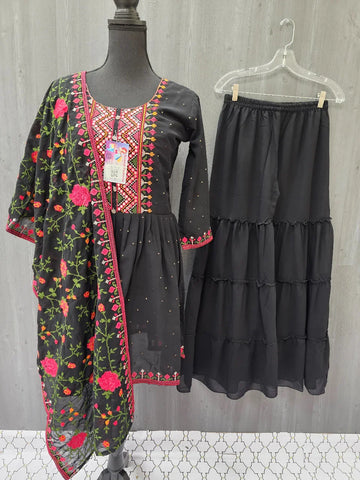 Size 36-Teenage Girls Georgette Black Sharara Set with Embroidery Work