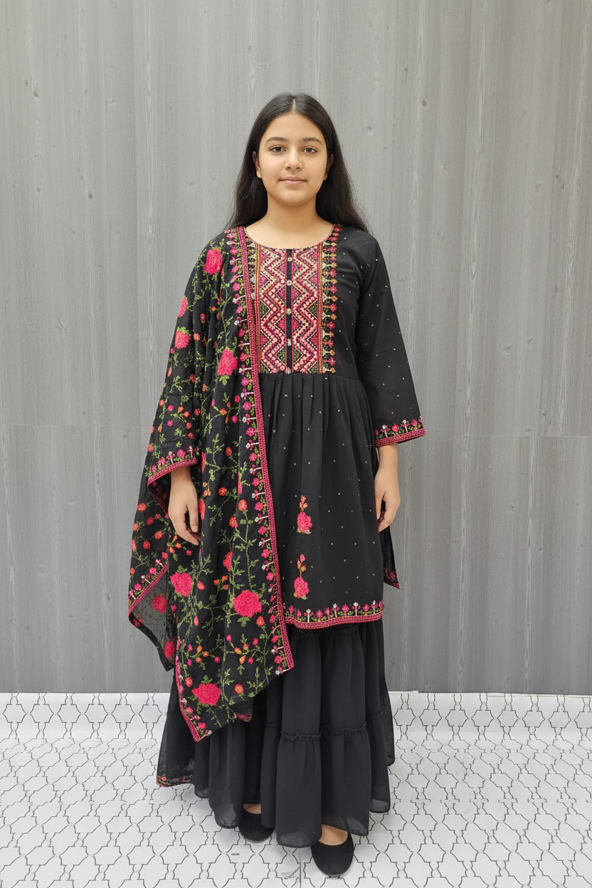 Size 36-Teenage Girls Georgette Black Sharara Set with Embroidery Work