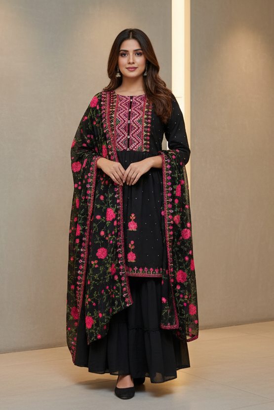 Girls 36-Teenage Girls Georgette Black Sharara Set with Embroidery Work