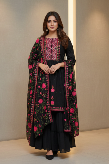 Girls 36-Teenage Girls Georgette Black Sharara Set with Embroidery Work