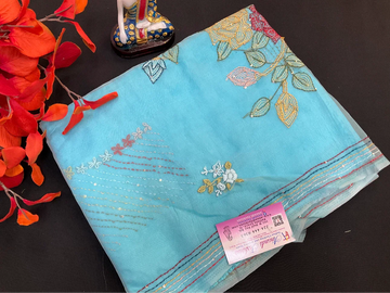 Blue organza saree shaded with Kantha thread work saree