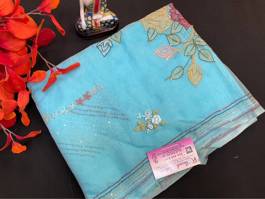Blue organza saree shaded with Kantha thread work saree