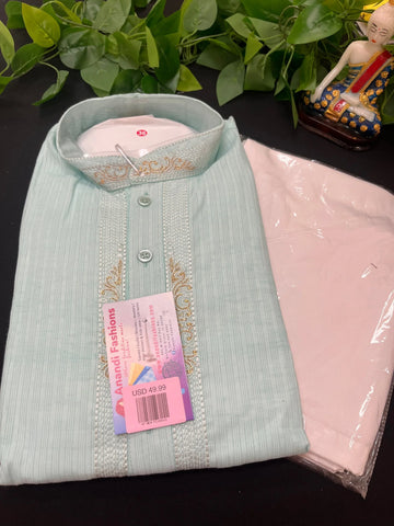 Men Kurta Pajama - Green and Pink Charm Kurta Set