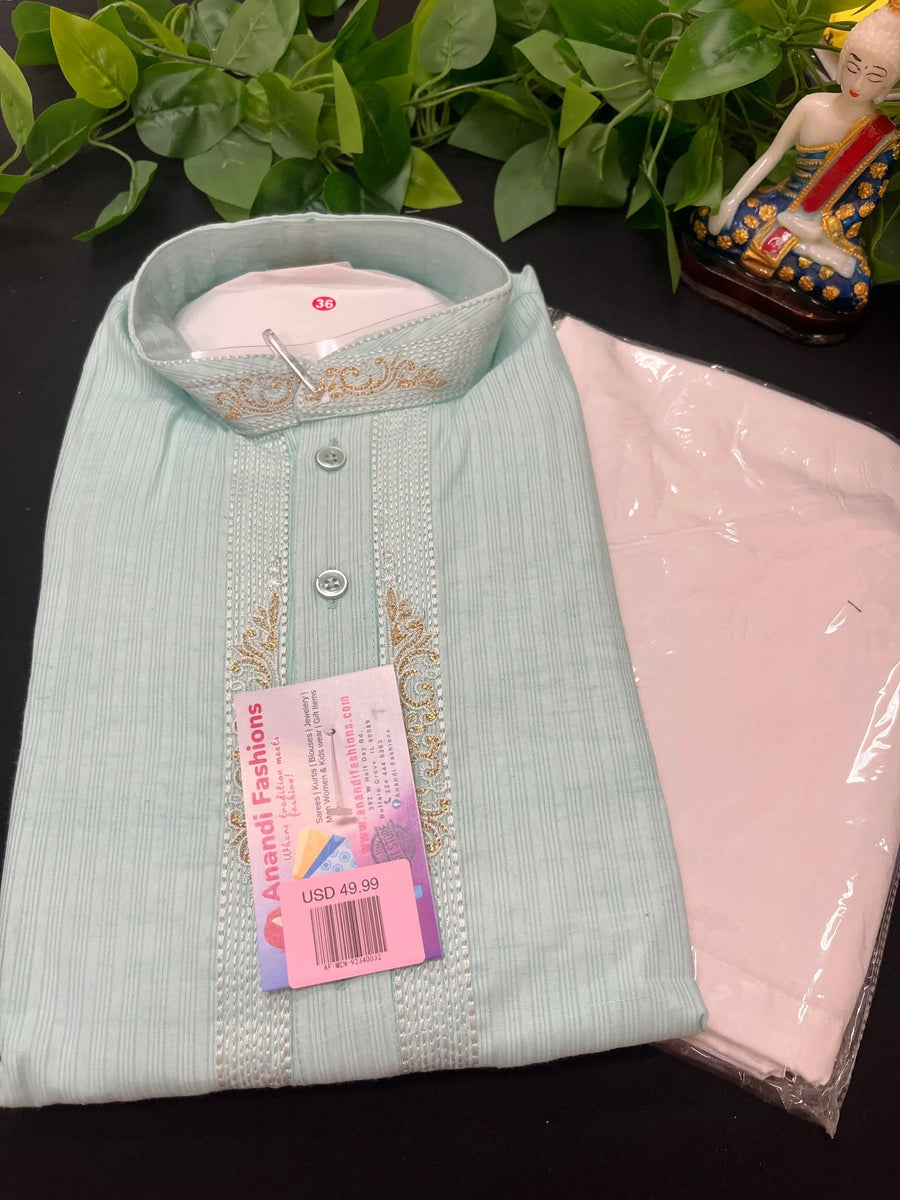 Men Kurta Pajama - Green and Pink Charm Kurta Set