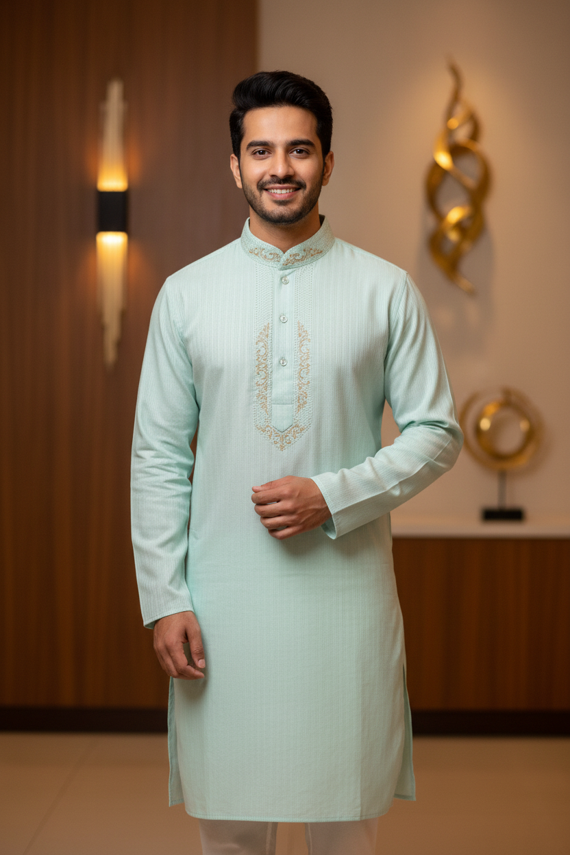 Men Kurta Pajama - Green and Pink Charm Kurta Set
