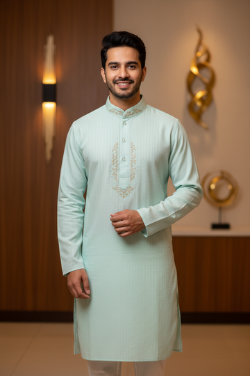 Men Kurta Pajama - Green and Pink Charm Kurta Set